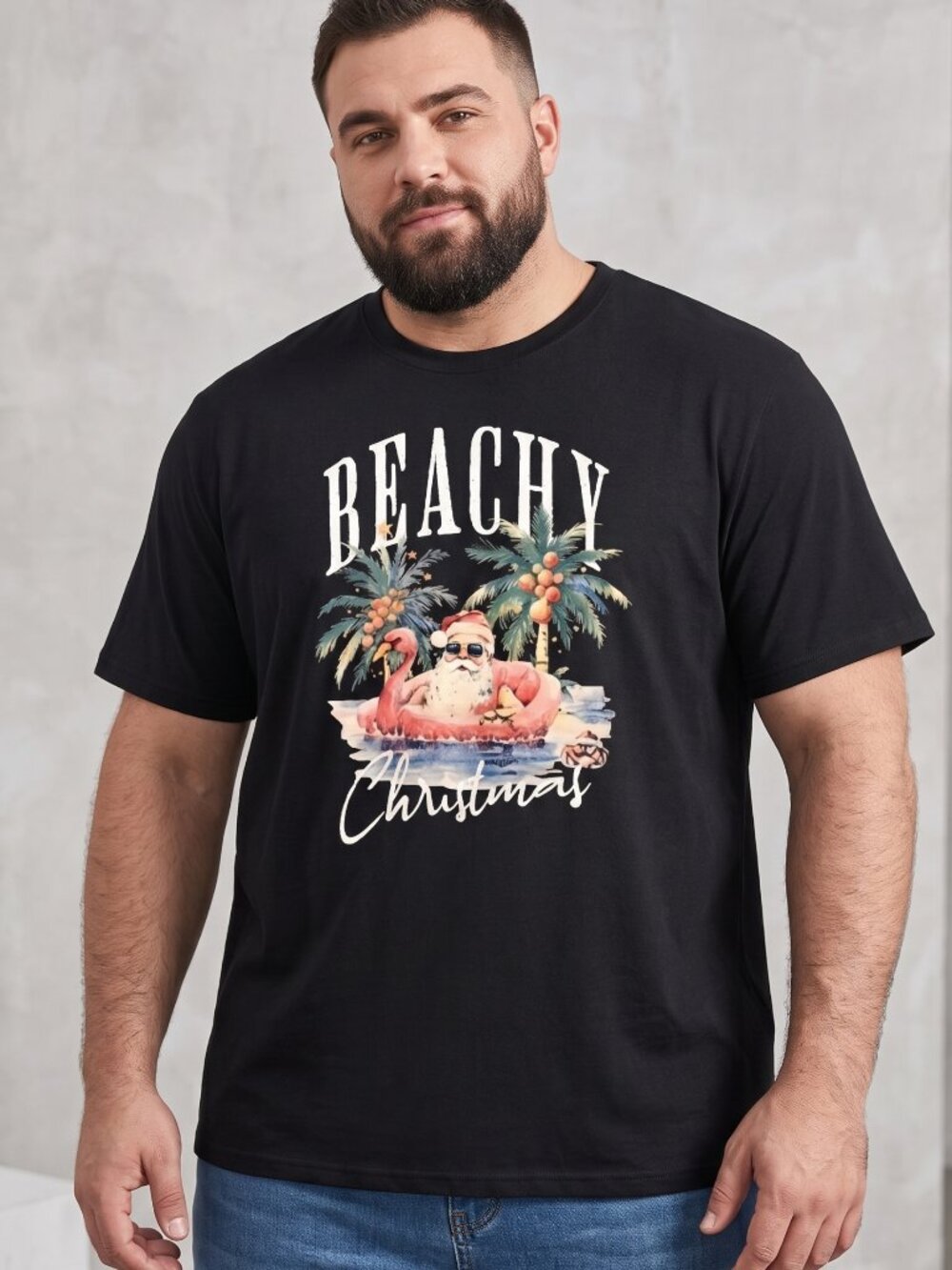 NWOT | "Beachy Christmas" Graphic T-Shirt | Tropical Santa | Black | XL